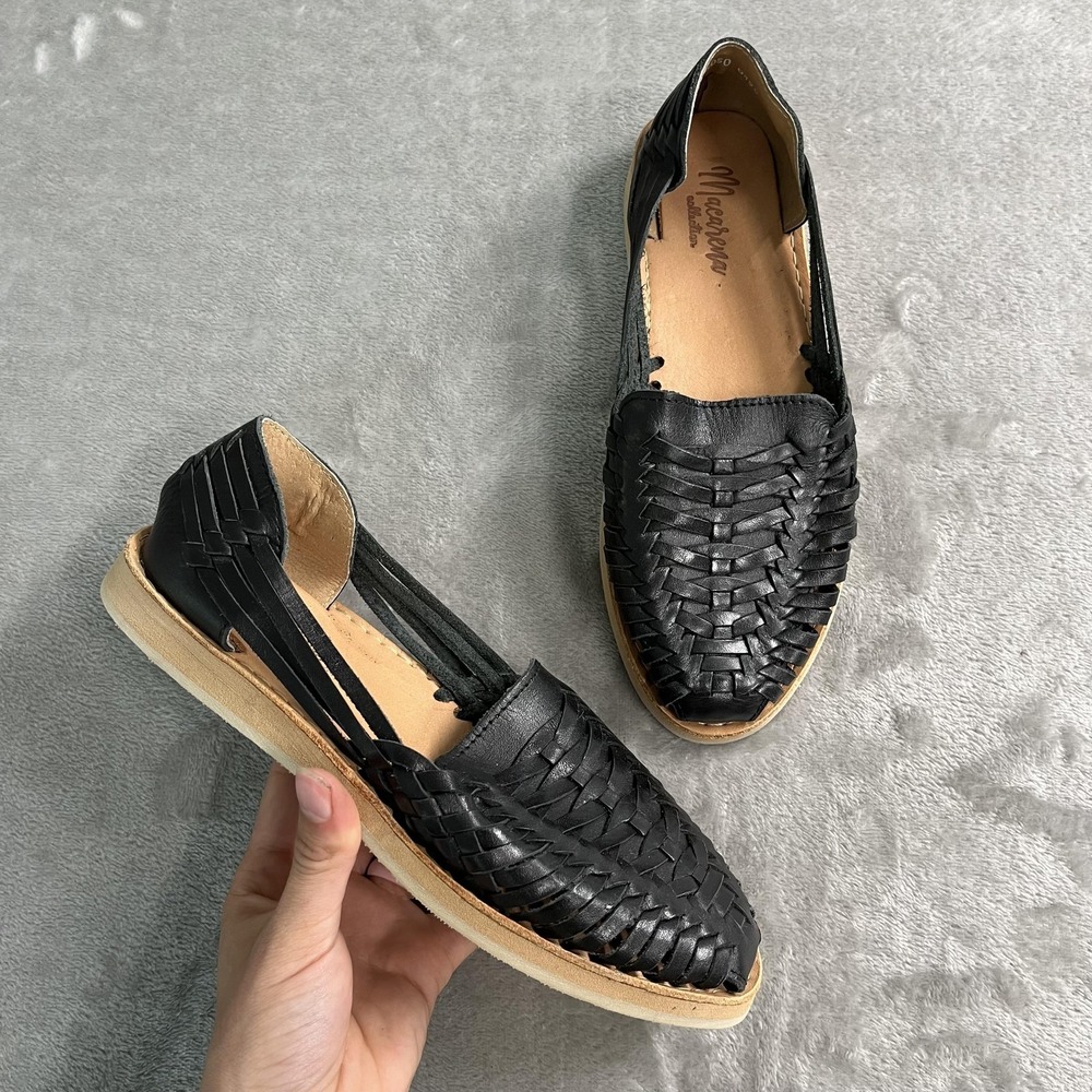 Macarena Collection Shoes Womens Size 8 Black Leather Woven Slip On Sandals